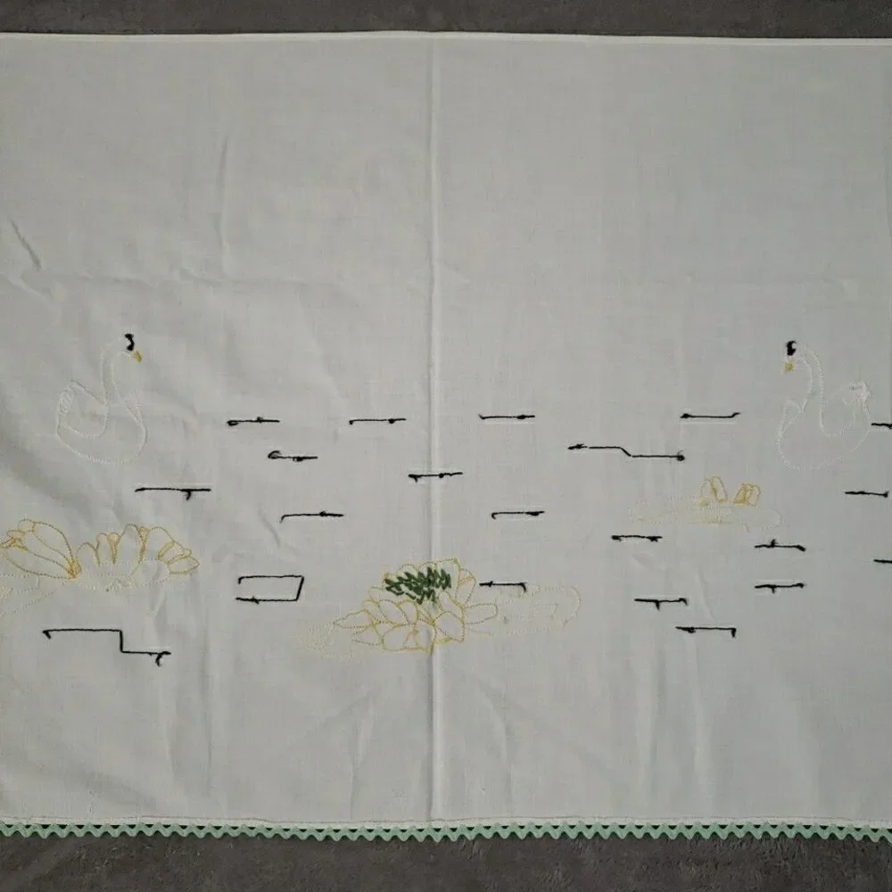 Embroidered Table Runner Swans Lilly Pad Mint Green Rick Rack 25